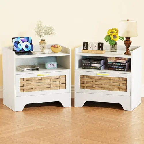 Miniatura 34 de Mesita de noche con 2 cajones de almacenamiento, mesa auxiliar moderna para dormitorio con asa recortada, mesitas de noche grandes para dormitorio