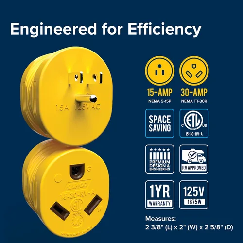 Miniatura 4 de Adaptador eléctrico 15M/30F Camco Mfg 55223, amarillo amarillo