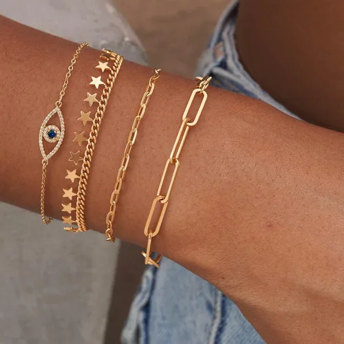 Miniatura 3 de Dremmy Studios Pulsera de oro para mujer, chapada en oro de 18 quilates, delicado clip de circonita cúbica, disco de moneda, estrella, cable