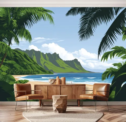 Miniatura 16 de Hawaii - Mural de pared retro exótico exótico tropical con olas de playa, paisaje, vintage, despegar y pegar, autoadhesivo, extraíble, adhesivo