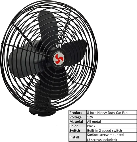 Miniatura 2 de Ventilador de metal resistente de 12 V, aspas de ventilador de 8 pulgadas con acabado negro e interruptor de 2 velocidades, ventilador eléctrico
