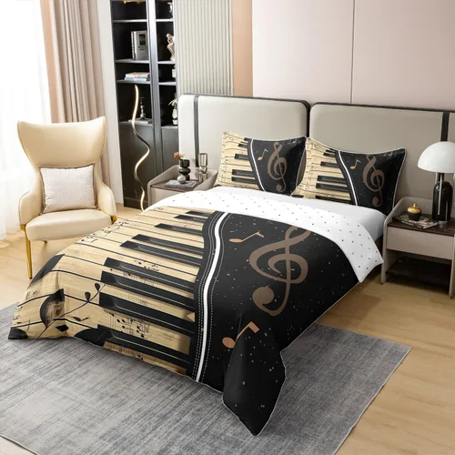 Miniatura 2 de Juego de ropa de cama tamaño King 100% algodón con notas musicales de piano y clave musical, juego de ropa de cama para niños y niñas, diseño retro