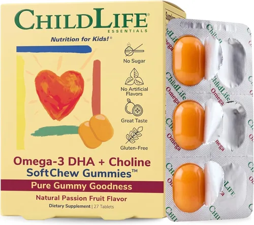 ChildLife Essentials Omega-3 DHA + colina SoftChew Gummies Suplemento para niños - Gomitas Omega 3 DHA con colina, aceite de pescado para bebés,