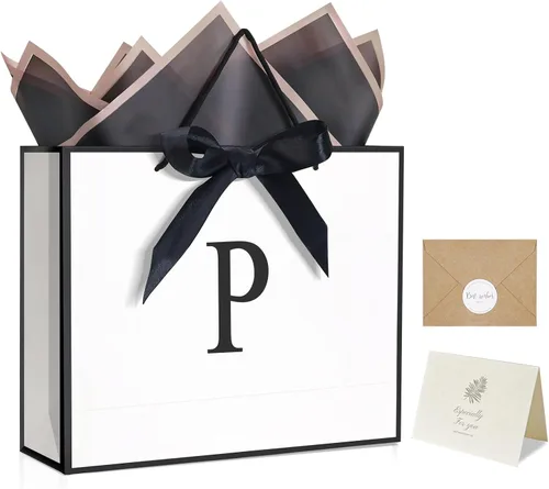 Miniatura 10 de QLSKO - Bolsa de regalo con monograma personalizada, bolsa de papel con inicial personalizada con tarjeta, sobre a juego, cinta con lazo y papel