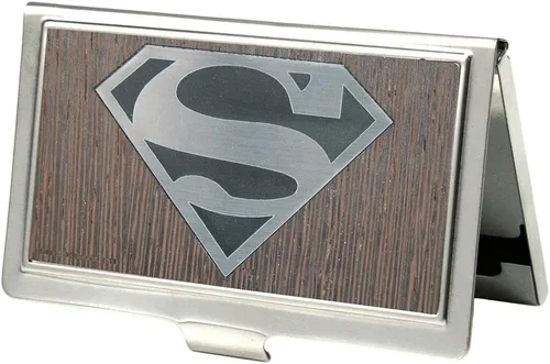Buckle-Down Portatarjetas de visita - Superman Logo Marquetry Negro Nogal/Metal - Pequeño Superman Logo Marquetry Negro Nuez/Metal