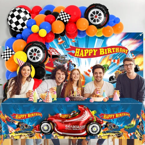 Miniatura 6 de 134 piezas de suministros de fiesta de cumpleaños de coches de carreras, guirnalda de globos, kit de arco de telón de fondo, mantel de camión