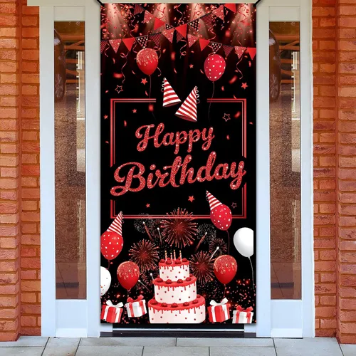 KatchOn, Cartel rojo de feliz cumpleaños – XL, 74 x 36 pulgadas | Decoraciones de cumpleaños rojo y negro | Cartel de feliz cumpleaños para