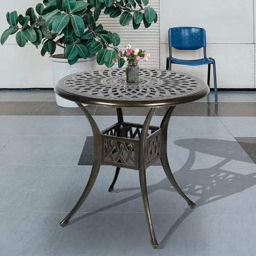Miniatura 9 de Mesa de comedor al aire libre de 30.5 pulgadas, cuadrada, para patio, mesa de bistró, de aluminio fundido de bronce, mesa grande rústica con agujero