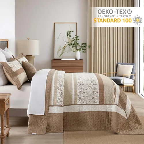 Miniatura 3 de Finlonte Colcha tamaño Queen extragrande de 100 % algodón de 102 x 120 pulgadas, juego de colcha acolchada floral a rayas de granja, edredón ligero