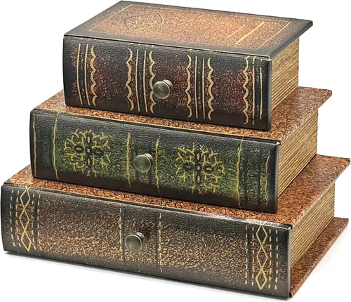 Bellaa 21093 - Caja decorativa para libros con cajones, almacenamiento oculto, baratija, vintage, antiguo, de cuero, cajas de madera, organizador,