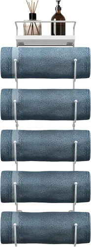 Miniatura 12 de Sorbus Toallero de baño – Toallero de metal de 5 niveles con estante de madera para toallas de baño enrolladas, toallas de baño, ropa de cama