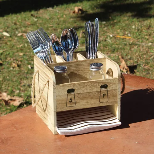 Miniatura 7 de Ikee Design Organizador de utensilios de madera, organizador de cubiertos con 5 ranuras, cuenta con asas e incluye salero y pimentero, ideal