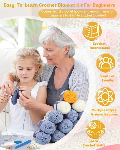 Miniatura 3 de Kit de Ganchillo Coopay para Principiantes para Manta, Kit de Ganchillo de Cuadrados de Abuela con Instrucciones y Suficiente Hilo, Juego Completo