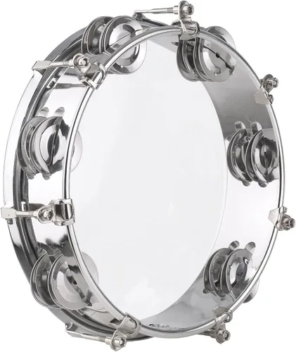 Miniatura 9 de Mancuerna de pandereta de 10 pulgadas para adultos, tambor de mano con doble fila, 14 platillos de metal, jingles, instrumento de percusión