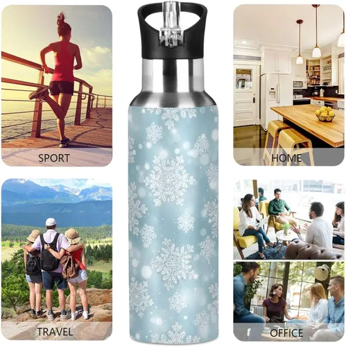 Miniatura 5 de Botella de agua aislada con copos de nieve blancos plateados de 32 onzas, botella de agua deportiva sin BPA aislada a prueba de fugas