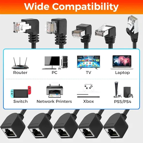 Miniatura 7 de Cable de extensión Ethernet CAT6, cables RJ45 de 90 grados blindados macho a hembra, ancho de banda de soporte de hasta 250 mhz, 1.6 pies, negro