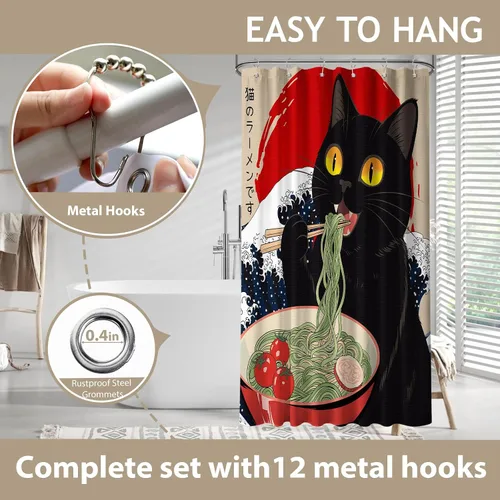 Miniatura 4 de Cortina de ducha estrecha con diseño de gato negro y animé japonés para casa rodante, juegos de decoración de baño, tela impermeable con ganchos, 36