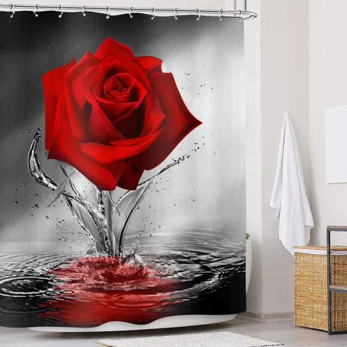 Miniatura 4 de JAWO Cortina de ducha con diseño de rosas, románticas flores y rosas rojas reflejadas en el agua, cortina de baño de tela, cortina de baño negra