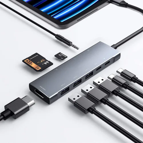 Adaptador USB C HUB para iPad Pro 9 en 1 iPad Pro M4 M2 M1 13 12.9 11 pulgadas iPad Air 5 4 estación de acoplamiento con 4K HDMI, USB-C PD, lector