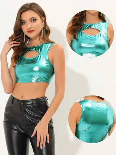 Miniatura 2 de Allegra K Camiseta corta metálica para mujer, brillante, sin mangas, recortada, para fiesta, club, holográfica
