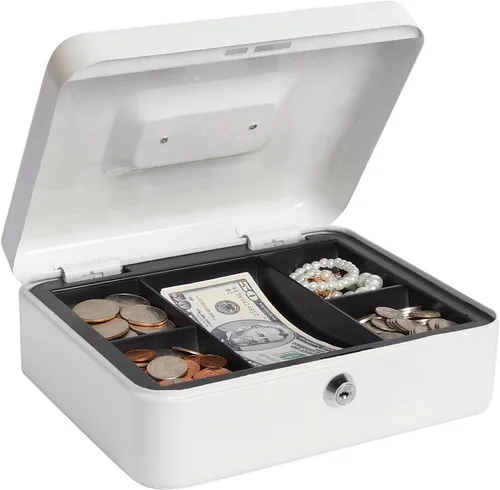 Caja de dinero con bandeja de dinero y cerradura, caja de dinero de metal para efectivo, caja de seguridad 9.84 x 7.87 x 3.54 pulgadas, color blanco