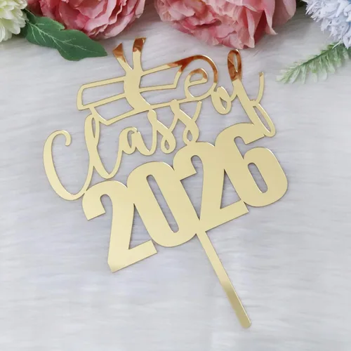 Miniatura 4 de Decoración acrílica para tartas de clase 2026 con espejo, felicitaciones graduadas, decoraciones de fiesta de graduación con purpurina dorada