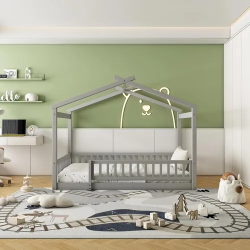 Miniatura 20 de RUNNA Marco de cama de madera de tamaño matrimonial con valla, para niños, adolescentes, niñas, niños, (Natural-Thinck 4col)