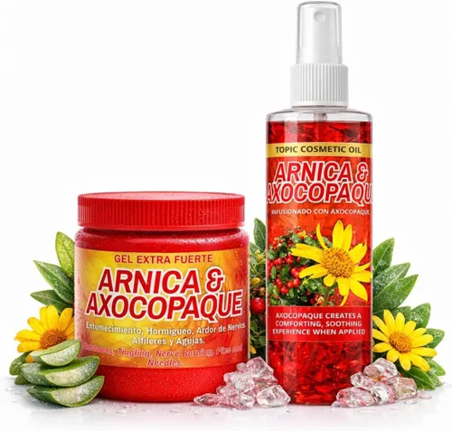 Paquete de Árnica + Axocopaque – Flores de Arnica Gel 4.23 oz + Aceite Axocopaque de Arnica 8 onzas líquidas | Gel de masaje botánico natural de