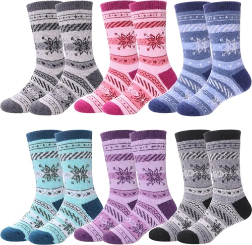 LANLEO Calcetines de lana para niños pequeños y niñas, para senderismo, para invierno, cálidos, acogedores, gruesos, pesados, térmicos, 6 pares