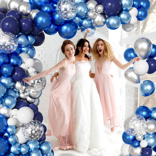 Miniatura 4 de Ouddy Life Kit de arco de guirnalda de 156 globos azules y plateados, azul marino, metálico, azul claro, plateado, blanco, confeti, para cumpleaños