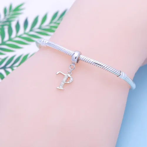 Miniatura 76 de ABUN Abalorio de plata de ley 925 con letra A a la Z, espaciador de inicial, con circonita cúbica transparete colgante, auténtica, para pulseras