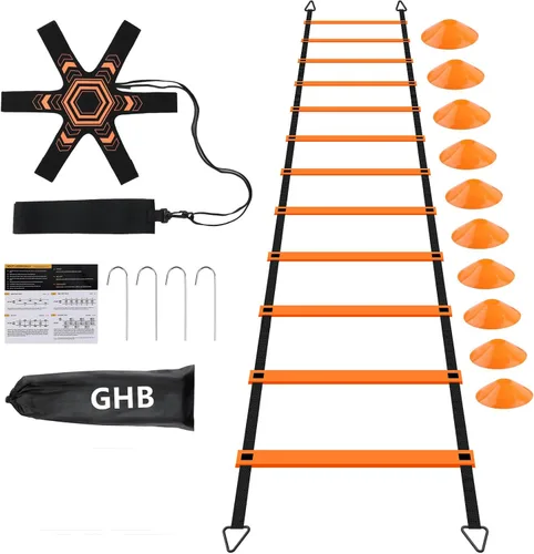 Miniatura 9 de GHB Pro Agility Ladder Soccer Kick Trainer Set 20ft 12 Rung 10 Cones and 4 Stakes Speed Agility Football Training Equipment with Carrying Bag Naranja