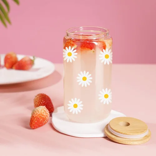 Miniatura 4 de GSPY Daisy Regalos Estéticos, Taza de Café Helado, Lindas Tazas de Vidrio con Tapas y Popotes - Lindas Tazas, Taza de Flores, Vaso de Vidrio