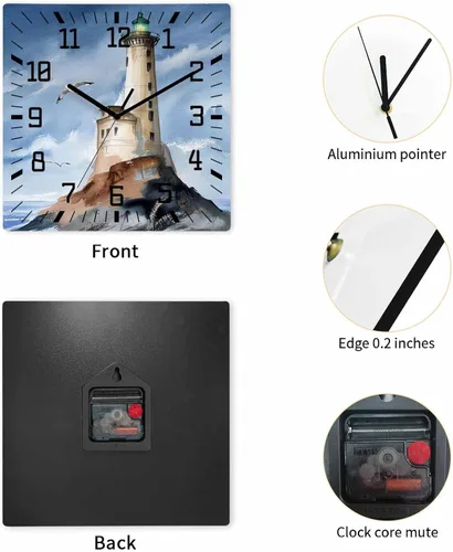 Miniatura 4 de Lighthouse - Reloj de pared de madera silencioso, sin tictac, náutica isla costera, gris, vintage, acuarela, reloj de pared cuadrado, funciona