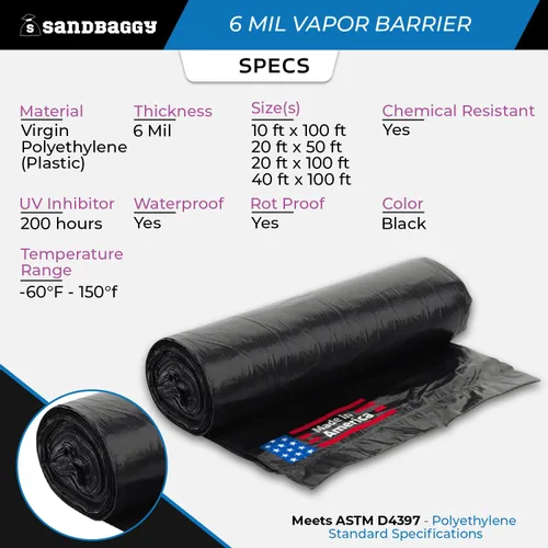 Miniatura 2 de Sandbaggy Barrera de vapor de 10 pies x 100 pies de 6 mil, polietileno, rollos de láminas de plástico negro, barrera de humedad para espacios