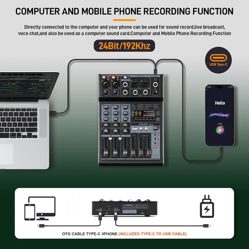 Miniatura 3 de RM04 - Mezclador de audio de 4 canales, mezclador Bluetooth, interfaz de audio USB, mezclador DJ con 2 entradas combinadas XLR, grabación de 24 bits