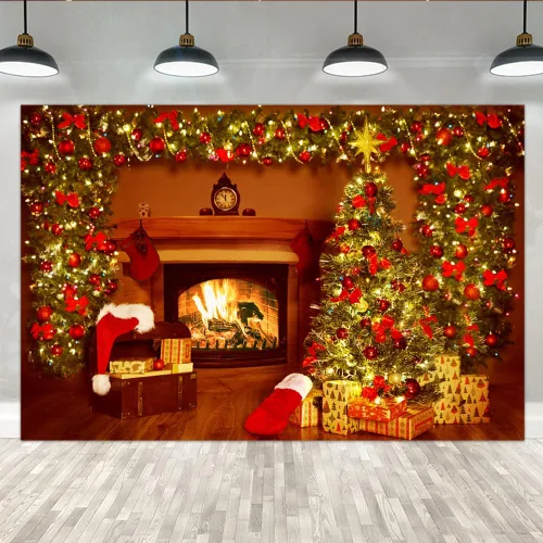 Miniatura 7 de Lofaris Telón de fondo de Navidad para chimenea, interior vintage, medias de árbol de Navidad, estrellas brillantes, fondo para fotografía, retrato