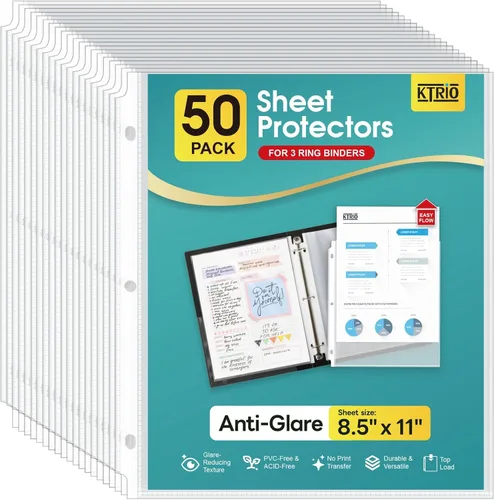 KTRIO Paquete de 50 protectores de hojas para carpeta de 3 anillas, protector de página transparente antirreflejos, fundas de plástico para