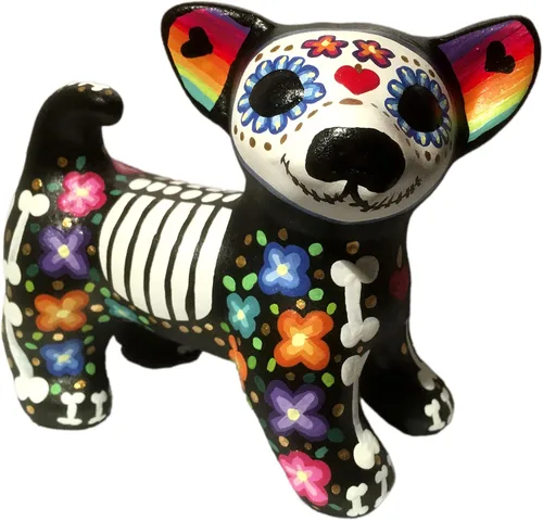 Dia de Muertos. Perro de Catrina. Artesanía Mexicana. Monumento a las mascotas, recuerdo. Figura de cerámica para la decoración del Día de Muertos,
