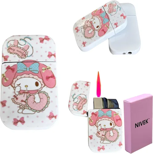 Miniatura 17 de NIVEK Kulomi Encendedor Kitty KT con llama rosa de bolsillo, recargable, Kawaii lindo, resistente al viento (Gato, Conejo, Melodía, Duffy)