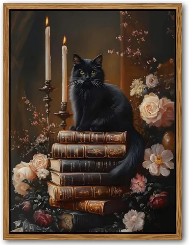 Arte de pared de lienzo de gato flotante enmarcado – Libros vintage decoración floral oscura de la academia, fotos de flores botánicas góticas