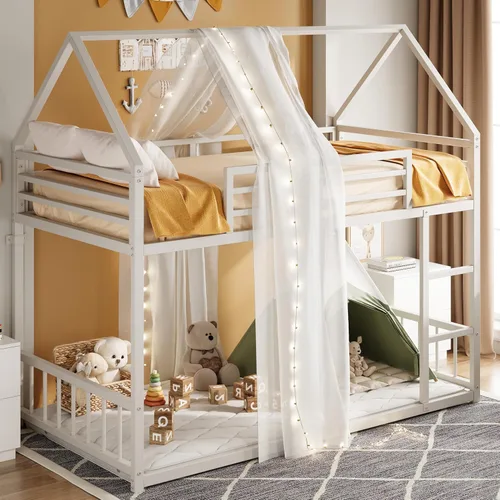 Miniatura 7 de LIKIMIO - Litera de tamaño individual sobre individual, estructura de cama litera con escalera y barandilla, en forma de casa con listones de metal