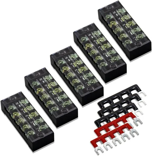 Miniatura 18 de 8 piezas (4 conjuntos) Bloques de tira de terminal de tornillo de doble hilera de 8 posiciones 600V 25A con cubierta + tira de barrera de terminales