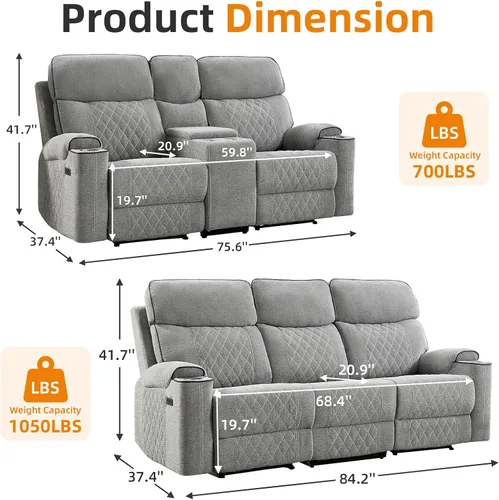 Miniatura 2 de EBELLO Sofá reclinable eléctrico de tela, sofá reclinable de dos plazas con portavasos, puertos de carga USB tipo C y espacio de almacenamiento, 2