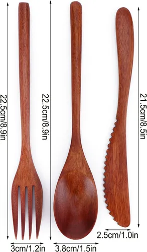 Miniatura 2 de Juego de cubiertos de madera Cuchara Tenedor Cuchillo Cubiertos de Madera Vajilla Vajilla Portátil con Bolsa