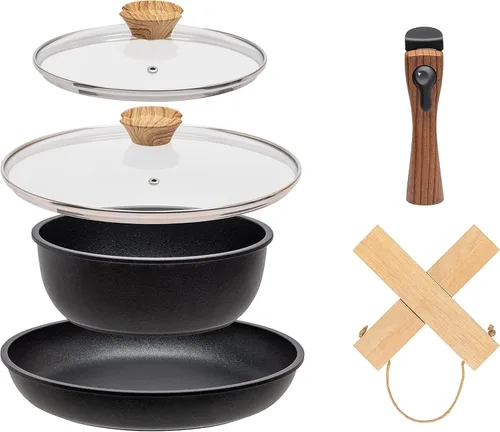 IRIS USA Sartenes antiadherentes de aluminio fundido con asas extraíbles y salvamanteles de madera plegables, juego de utensilios de cocina de 6