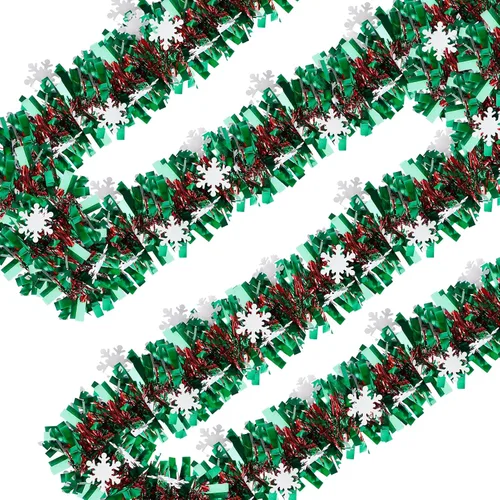 Guirnalda de oropel de copo de nieve de Navidad - Guirnalda metálica gruesa verde de 33 pies para decoración de árbol de Navidad, decoraciones