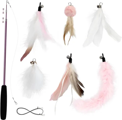 Miniatura 7 de SONGWAY Juego de juguetes interactivos de plumas para gatos, varita retráctil con 6 recambios de plumas con campana, juguetes de varita para gatos