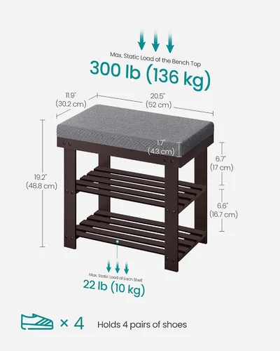 Miniatura 2 de SONGMICS Banco de zapatos de bambú, organizador de zapatos de 3 niveles para entrada, sala de estar, asiento de banco con capacidad para hasta 300