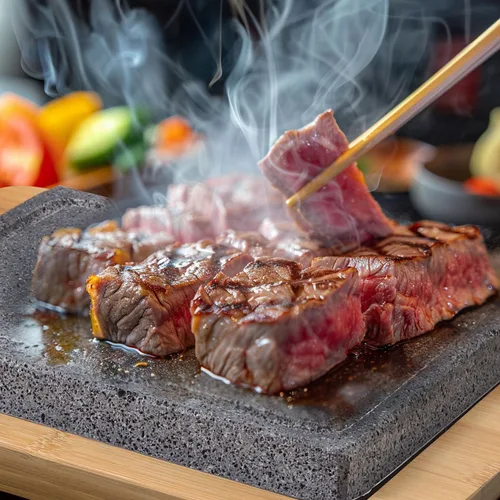 Miniatura 2 de Artestia Piedra de lava para bistec con 2 piedras, piedras para asar de mesa Hot Rock para Wagyu con bandeja de bambú, mini piedras para asar pizza